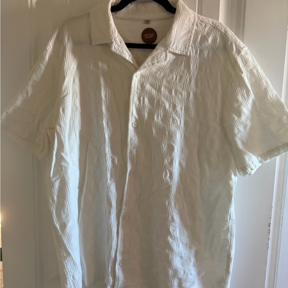 Men's White Waffle Check Short Sleeve Cotton Shirt
